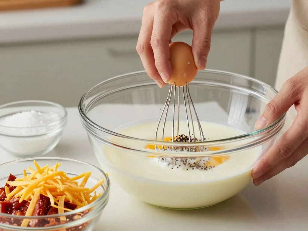 Whisking the egg mixture for Rotel breakfast casserole