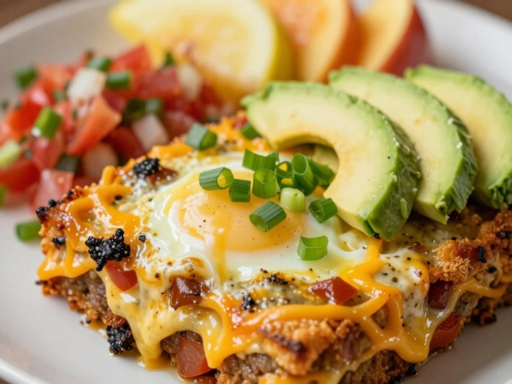 Eggs Rotel Bake served with green onions, avocado, and salsa