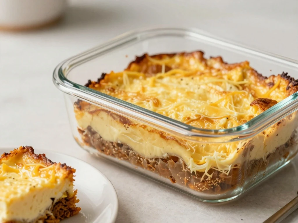 Stored and reheated portions of Eggs Rotel Bake