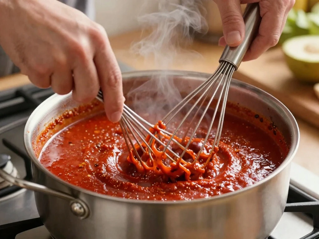 Whisking homemade enchilada sauce in a saucepan