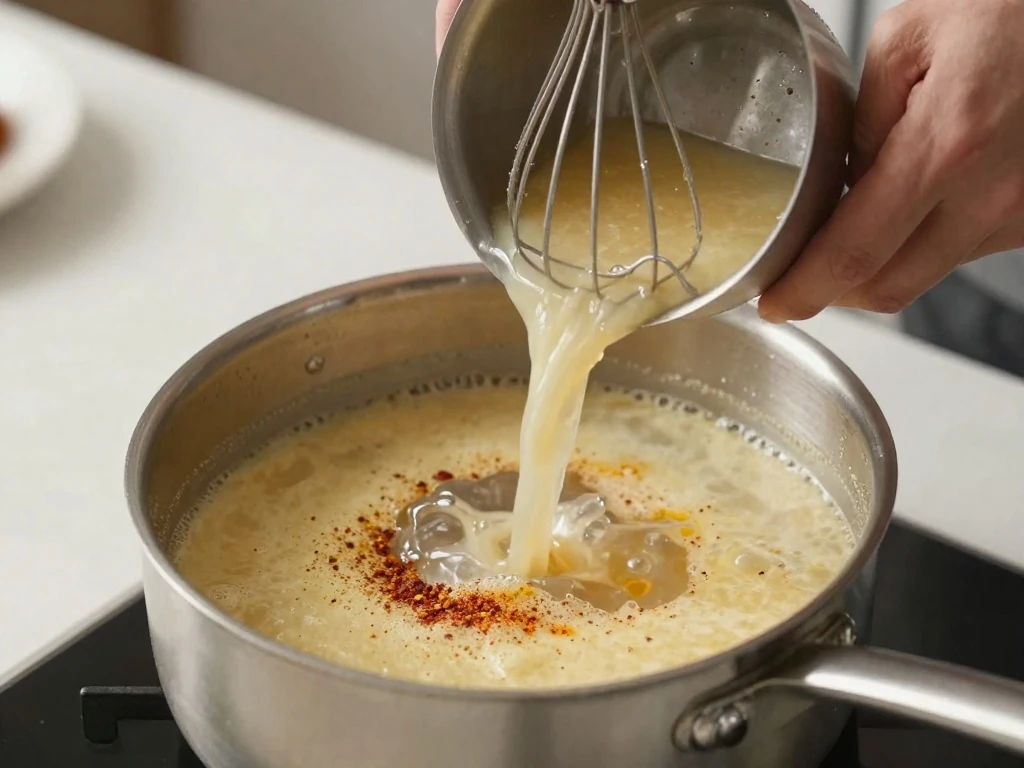 Adding broth slowly to enchilada sauce to prevent lumps