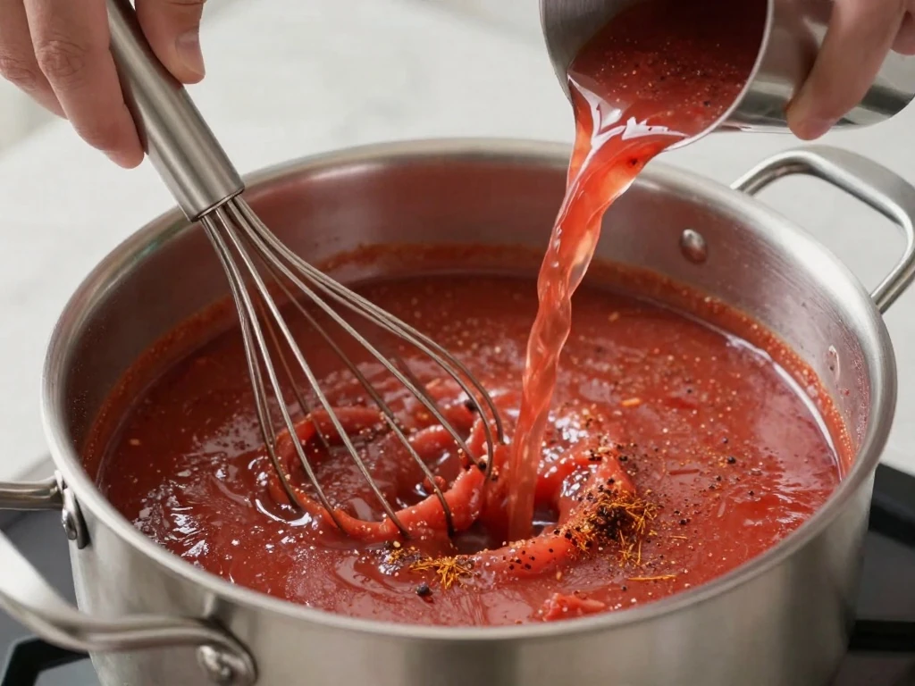 Whisking broth into the roux for homemade enchilada sauce