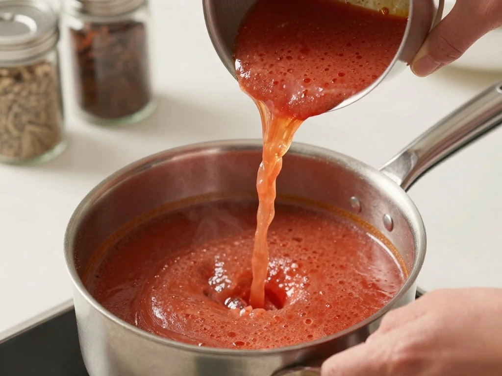 Adding broth slowly while whisking enchilada sauce to prevent lumps