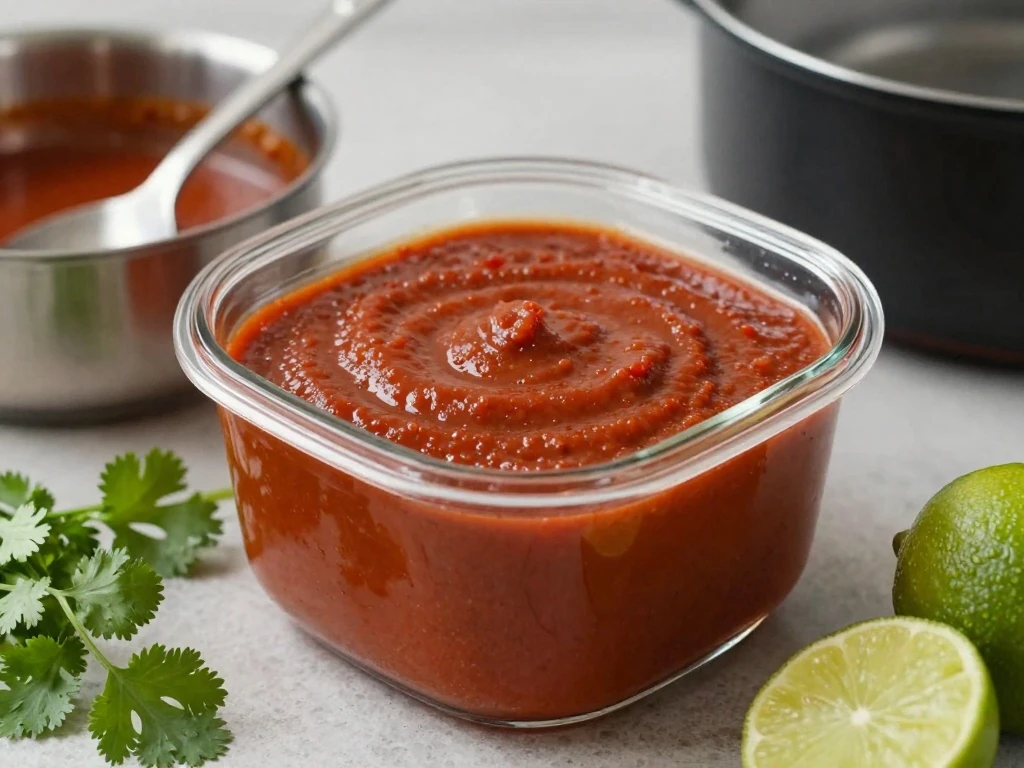 Homemade enchilada sauce stored for reheating