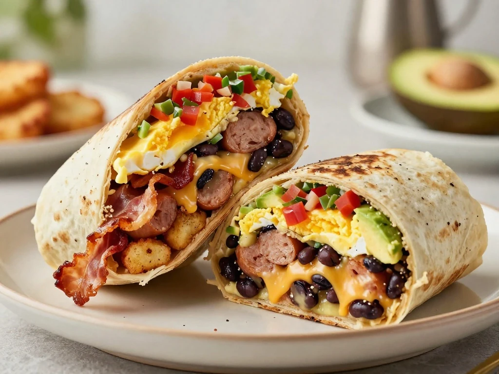 Sliced Everything Burrito showing eggs, bacon, sausage, potatoes, beans, cheese, and fresh toppings