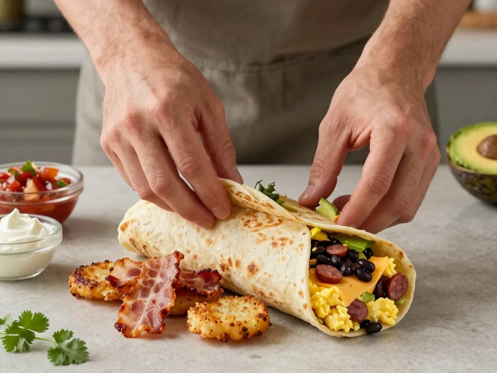 Assembling a fully loaded Everything Burrito before rolling