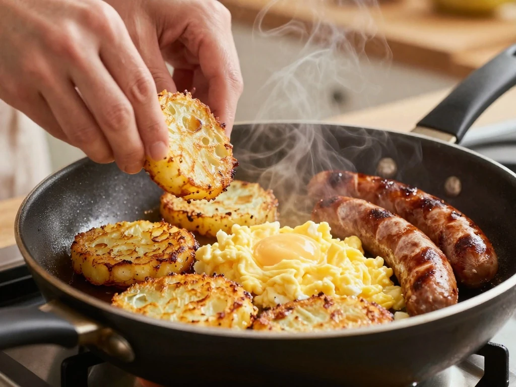 Crisp hash browns and soft scrambled eggs prepared for an Everything Burrito