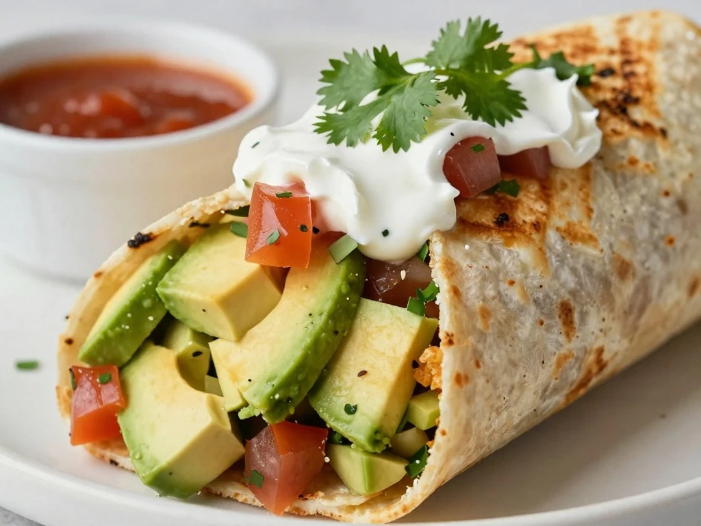 Toasted Everything Burrito served with avocado, salsa, sour cream, cilantro, and hot sauce