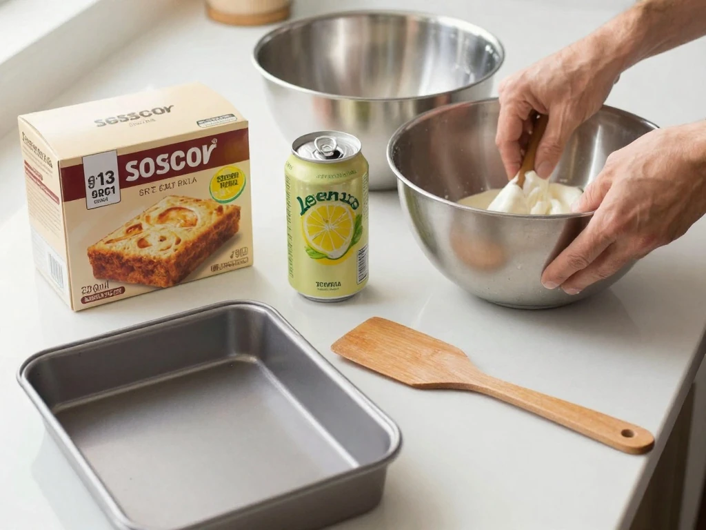 Cake mix and soda arranged for an easy two-ingredient soda cake