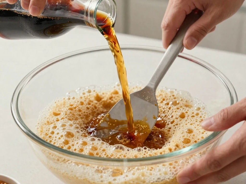 Pouring soda into boxed cake mix to make soda cake batter