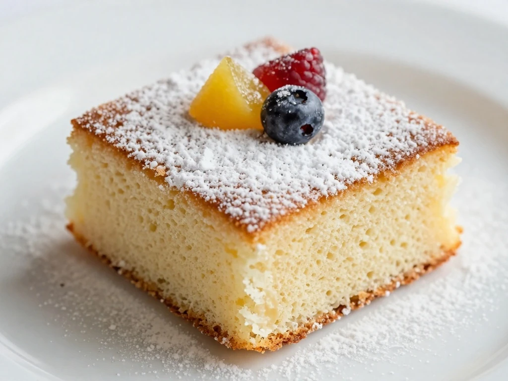 Soda cake square with powdered sugar and fruit garnish