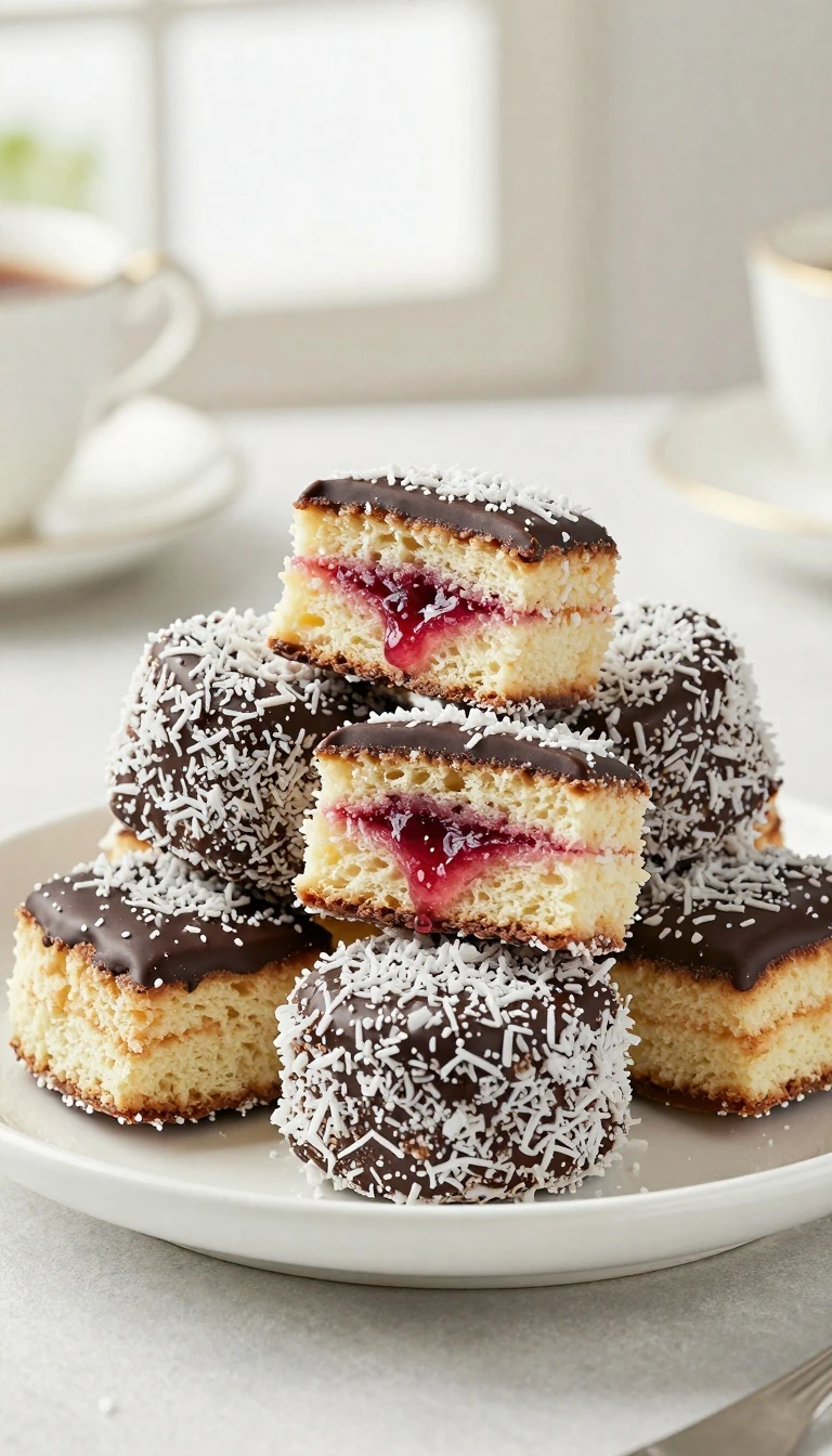 Fluffy Australian Lamington Recipe with Chocolate, Coconut and Raspberry Jam