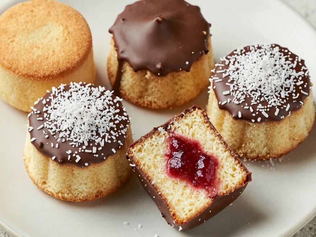 Fluffy Australian lamingtons with chocolate icing, coconut, and raspberry jam
