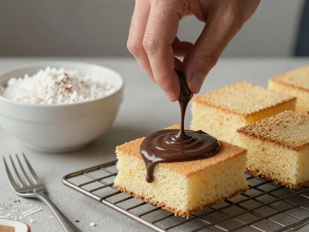 Dipping sponge squares in chocolate icing for lamingtons