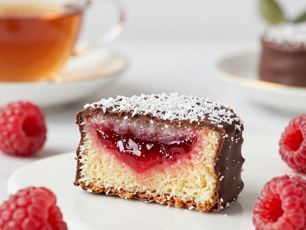 Close-up of a raspberry-filled lamington with coconut coating