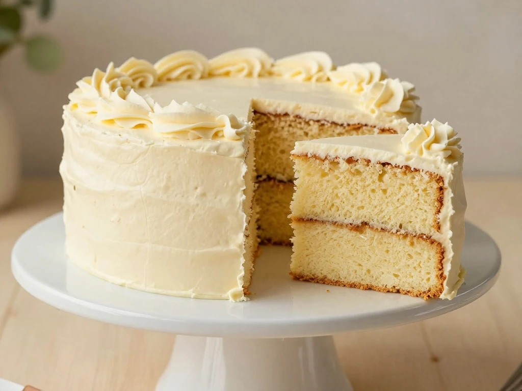 Two-layer easy fluffy vanilla cake with buttercream and one slice served beside it