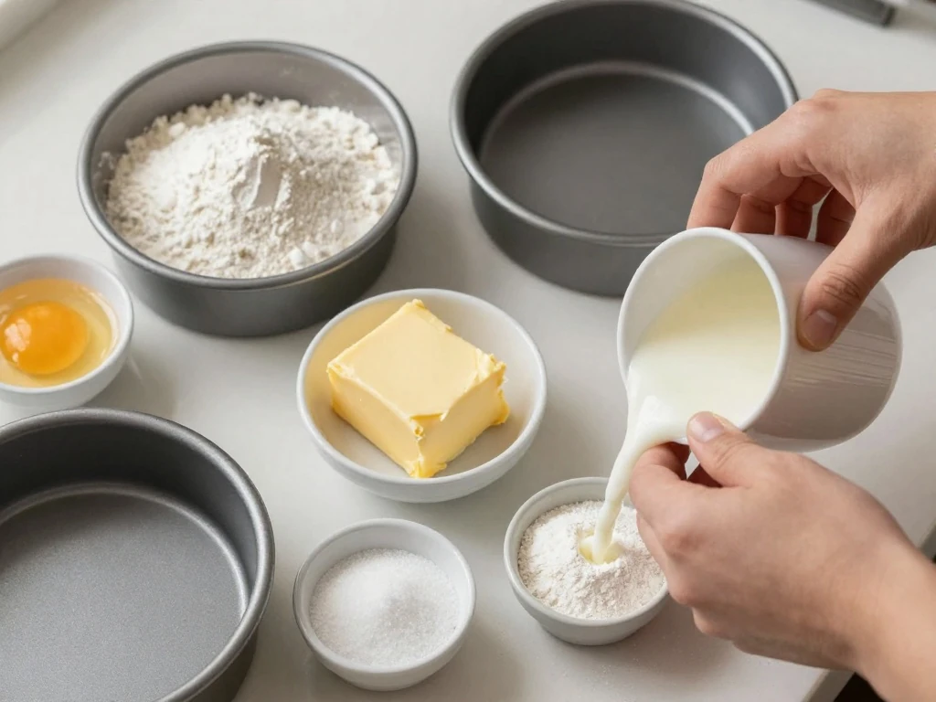 Ingredients for an easy fluffy vanilla cake arranged on a kitchen counter