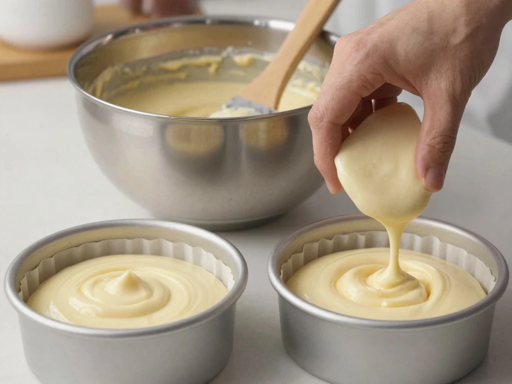 Vanilla cake batter being portioned into prepared round cake pans