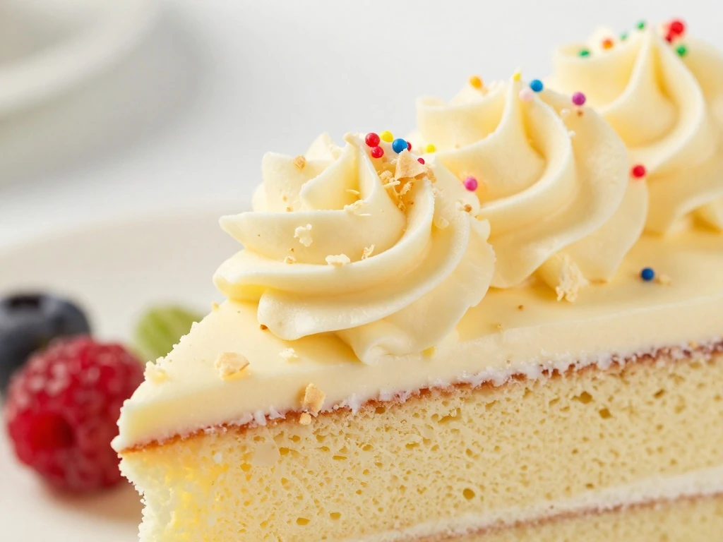 Close-up slice of fluffy vanilla cake with buttercream, berries, and sprinkles