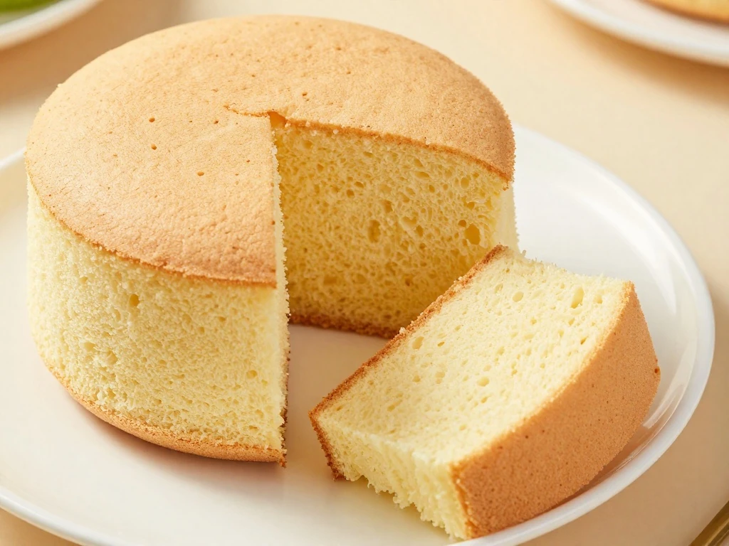 Whole fluffy cloud steamed cake with a slice showing its airy crumb