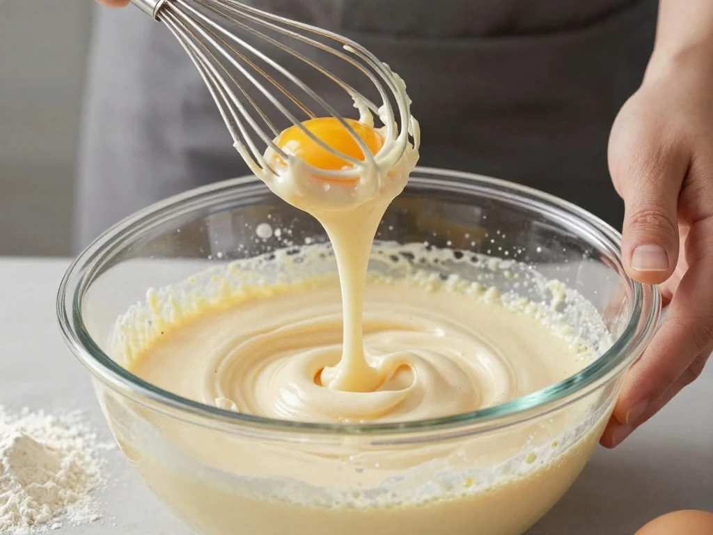 Whipped egg and sugar mixture reaching the ribbon stage