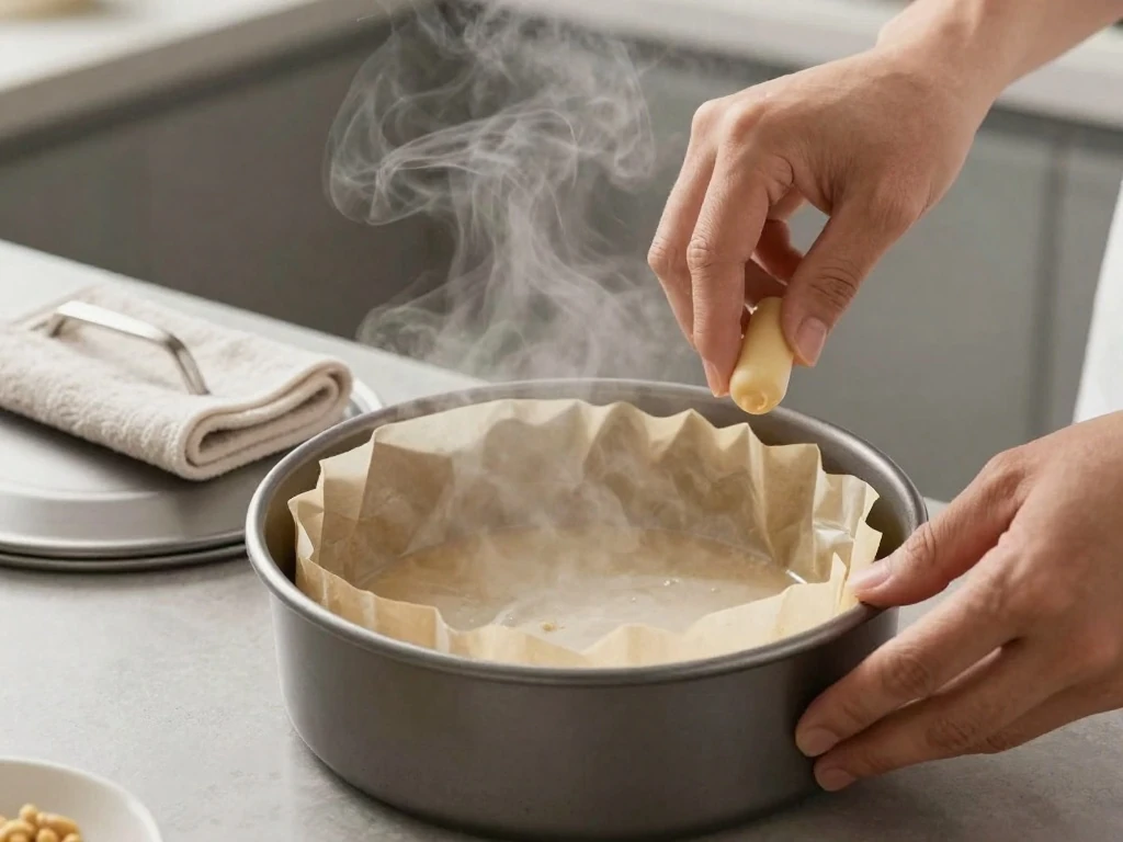 Cake pan prepared for steaming with a towel-wrapped steamer lid
