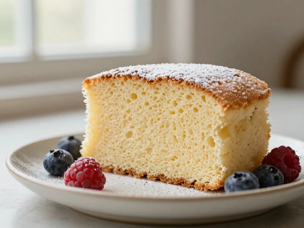 Steamed sponge cake slice served with berries and powdered sugar
