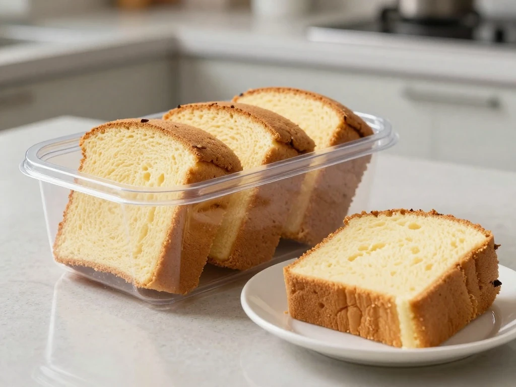 Fluffy steamed cake slices stored in an airtight container