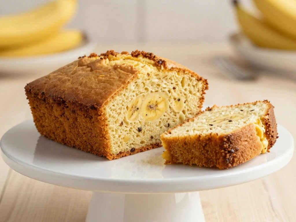 Fluffy eggless banana cake served with a slice showing its tender crumb