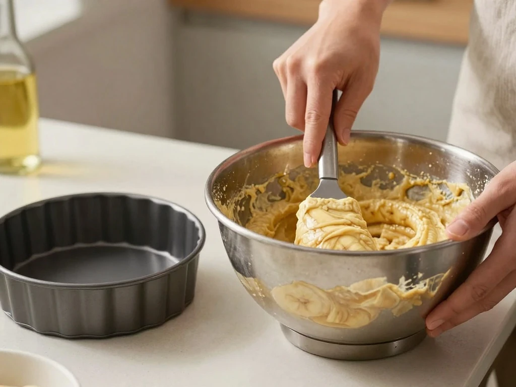 Gently folding eggless banana cake batter before baking