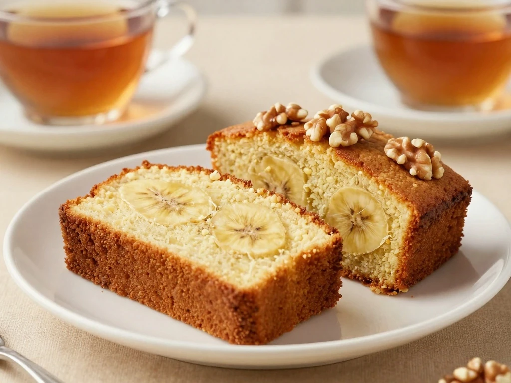 Eggless banana cake slices served with tea
