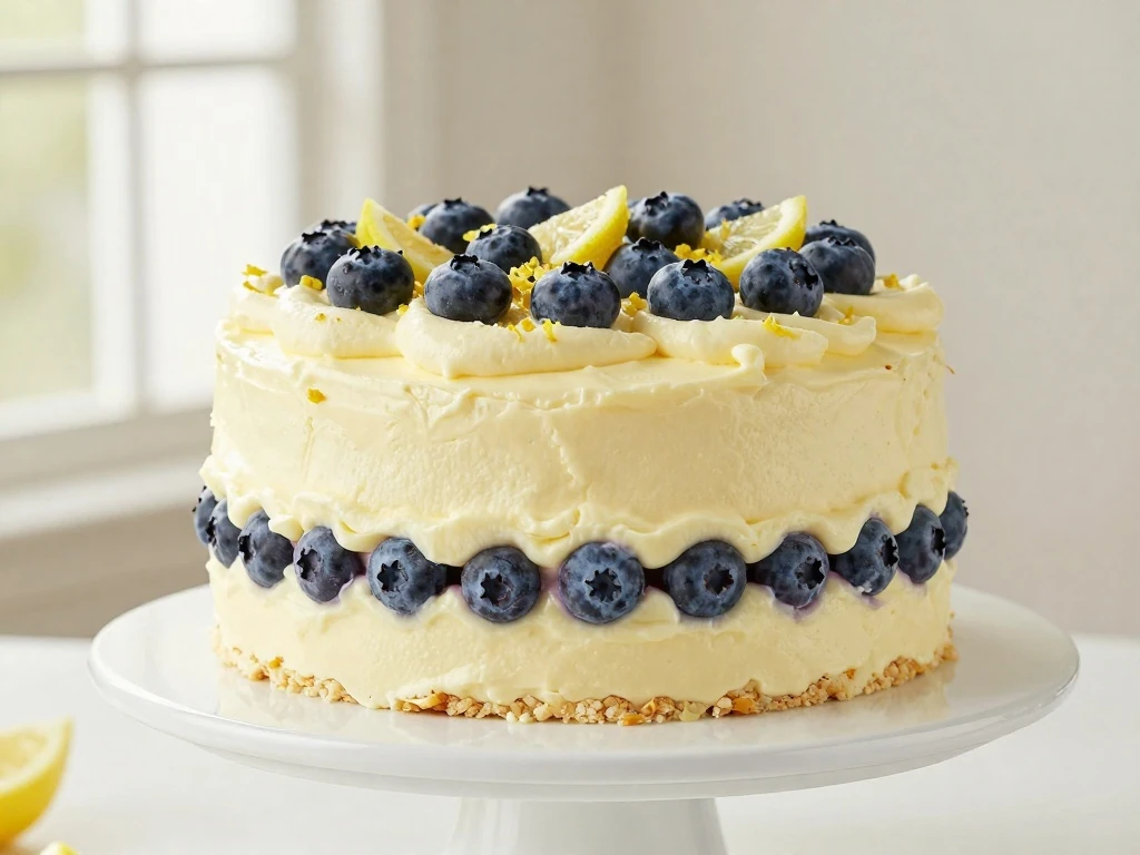Two-layer fluffy lemon blueberry cake with lemon cream-cheese frosting