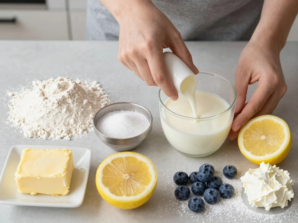 Ingredients for fluffy lemon blueberry cake and lemon cream-cheese frosting