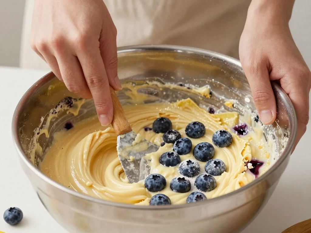 Gently folding flour-coated blueberries into lemon cake batter
