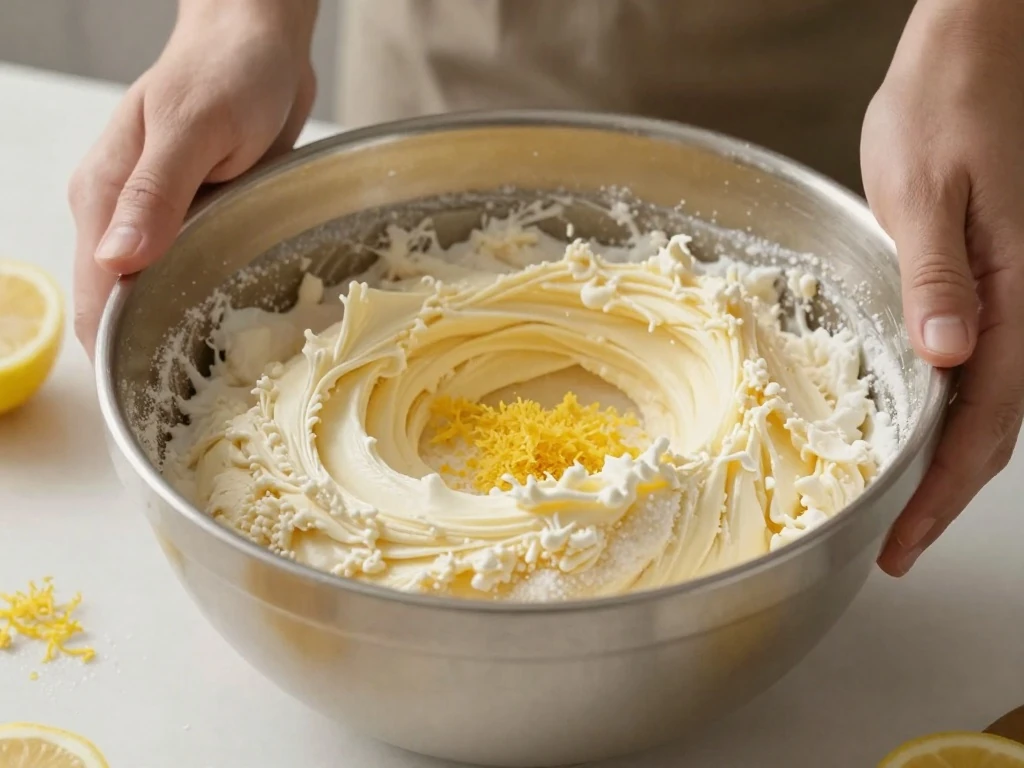 Creaming butter and sugar for a light lemon blueberry cake