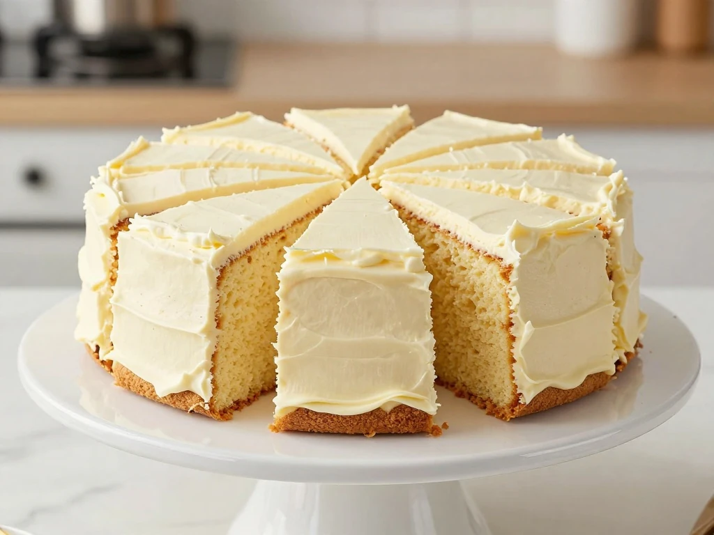 Soft fluffy vanilla cake on a cake stand