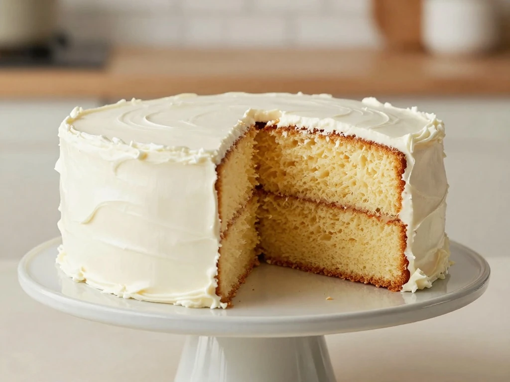 Frosted two-layer foolproof vanilla cake with a tender golden crumb