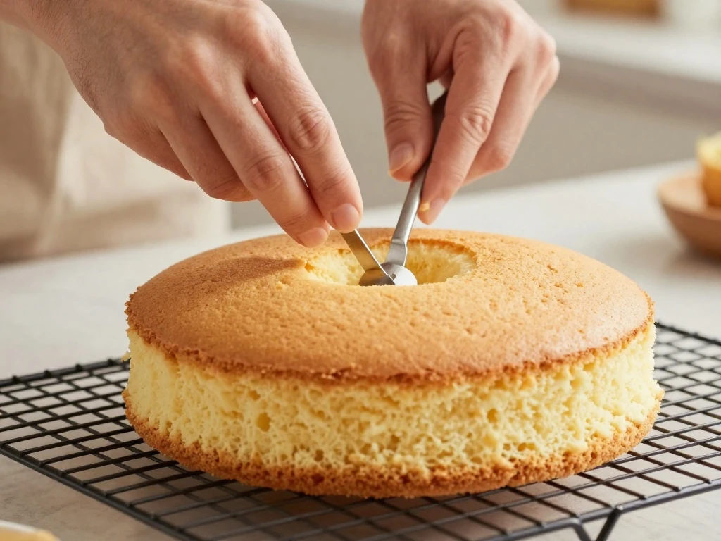 Testing a vanilla cake for doneness with a skewer