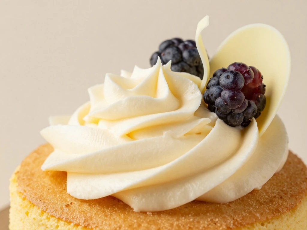 Vanilla buttercream cake decorated with berries and white chocolate curls