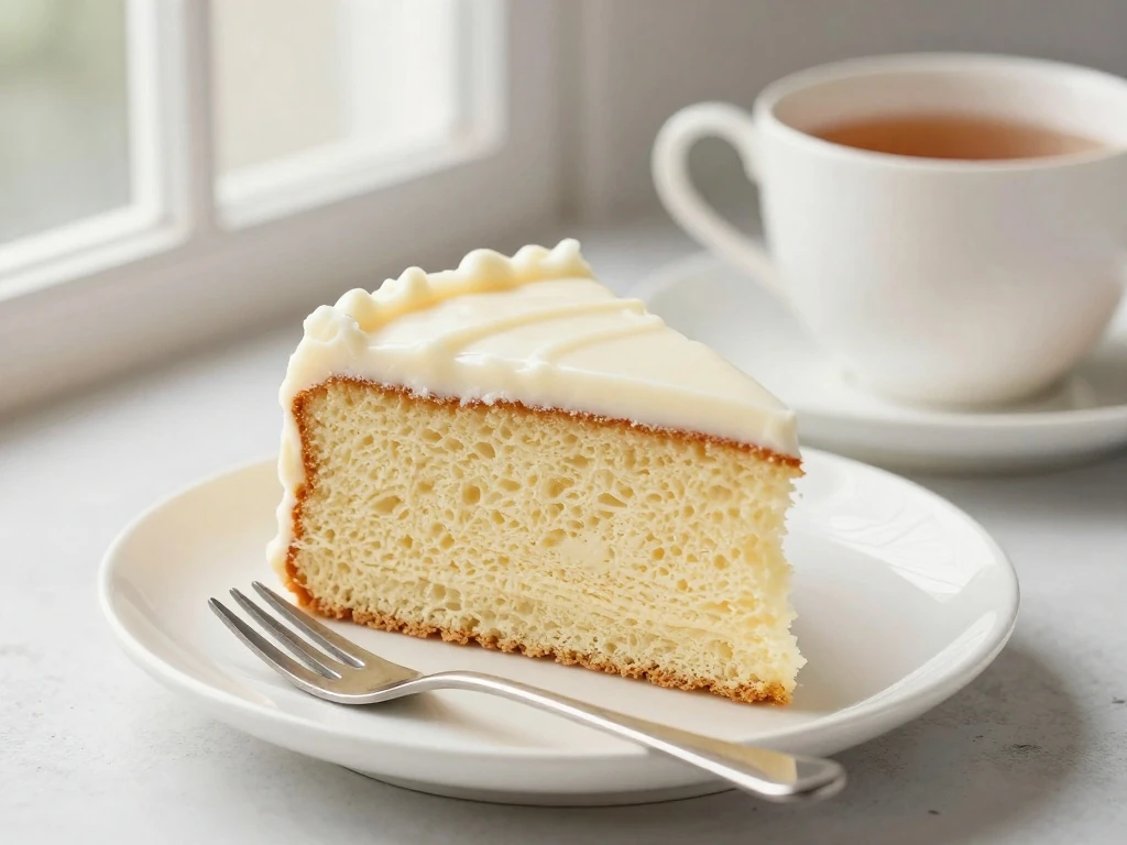 Slice of moist vanilla cake served with tea