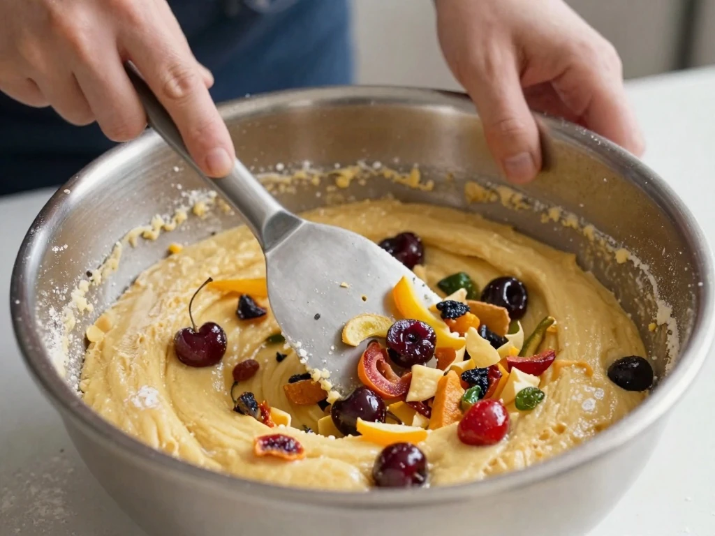 Folding dried fruit and cherries into fruit cake batter