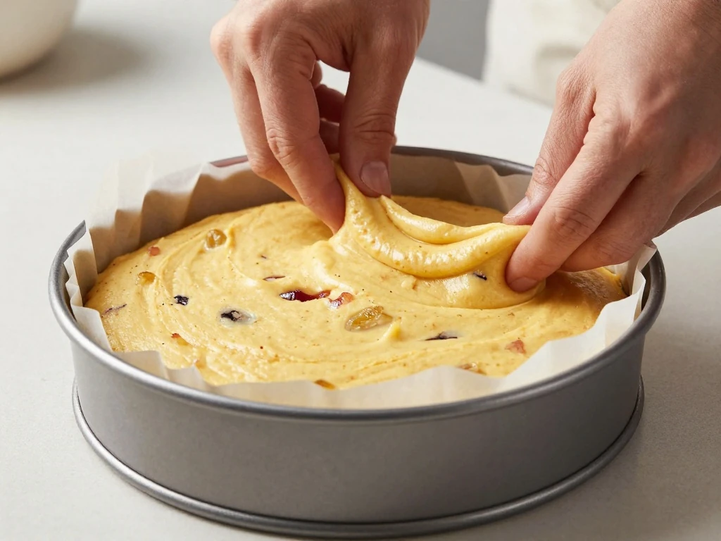 Fruit cake batter leveled in a lined round cake tin