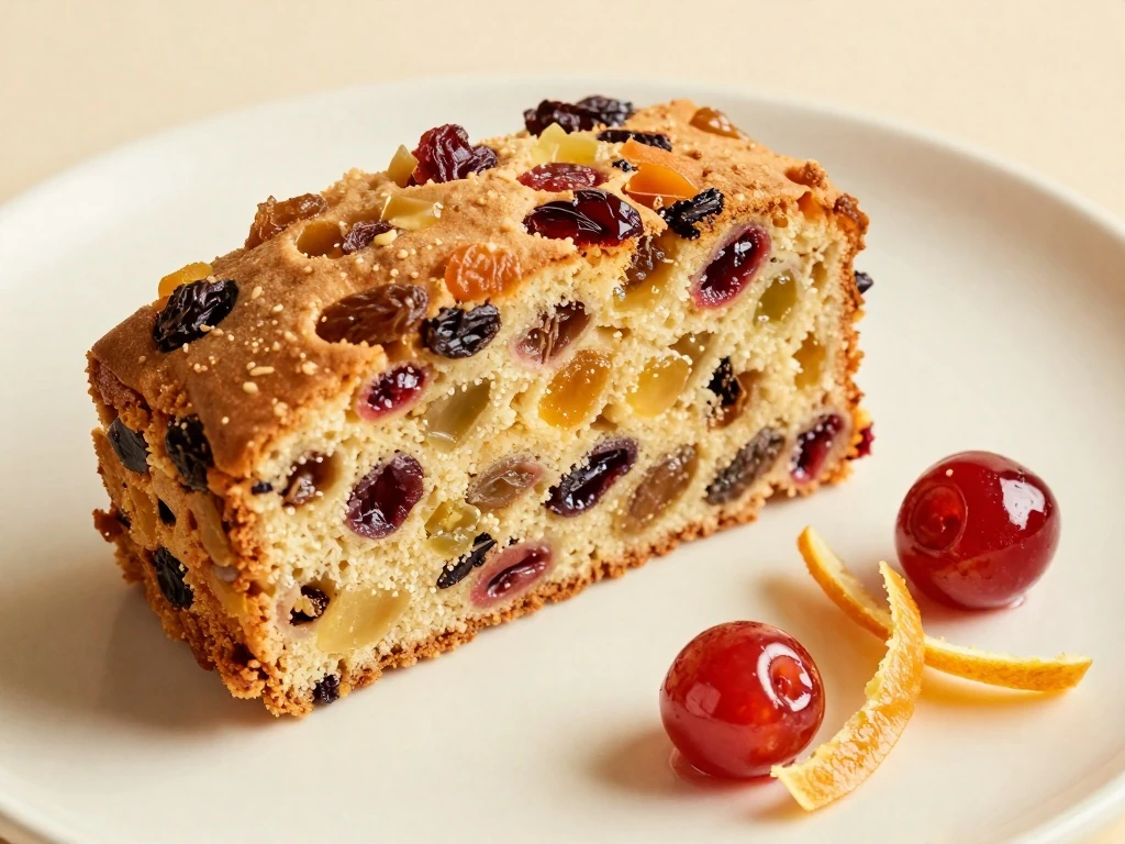 Close-up slice of moist fruit cake with cherries and mixed peel