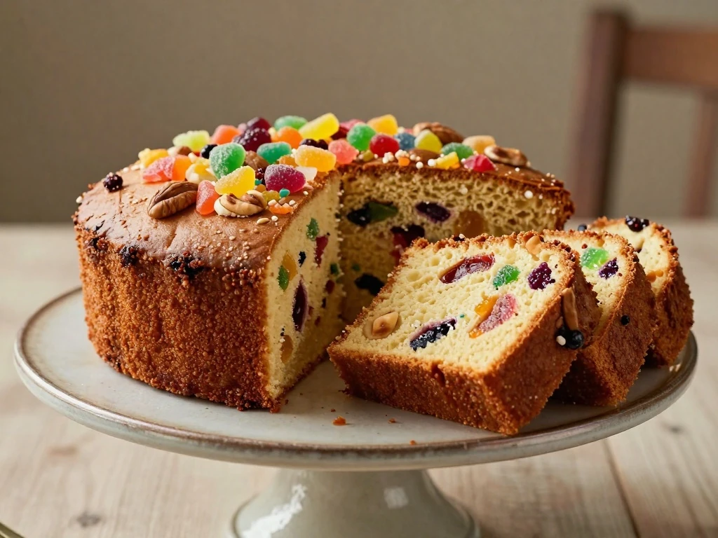 Old-fashioned fruit cake whole and sliced on a vintage cake stand