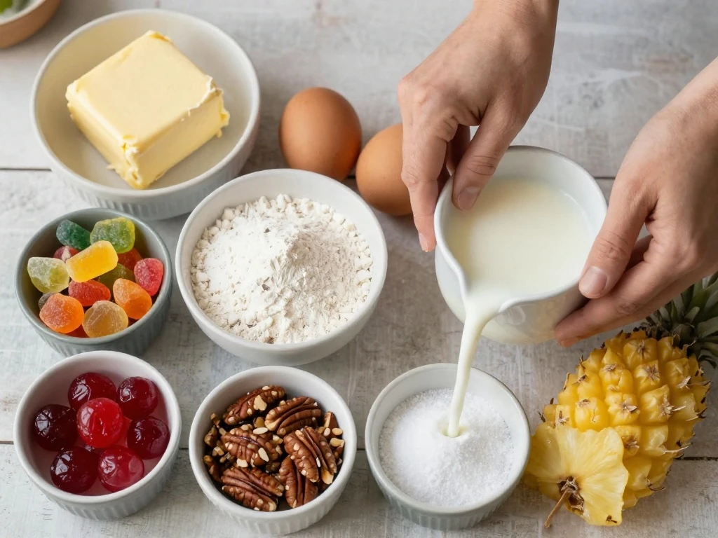 Ingredients for old-fashioned fruit cake arranged on a kitchen counter