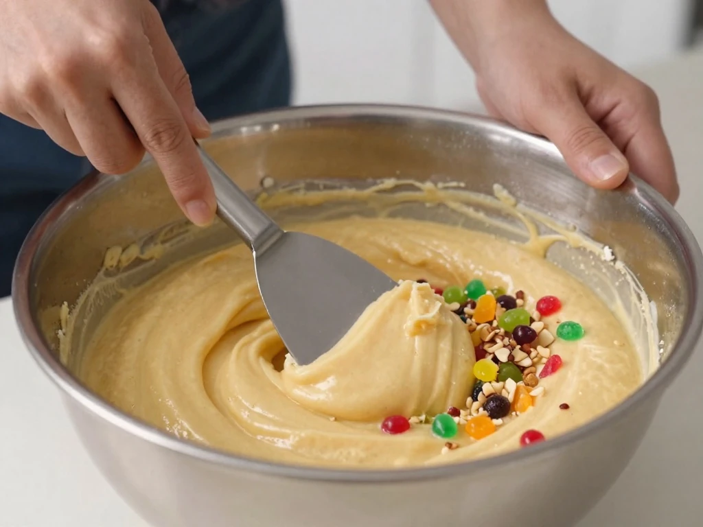 Thick fruit cake batter being folded with candied fruit and nuts
