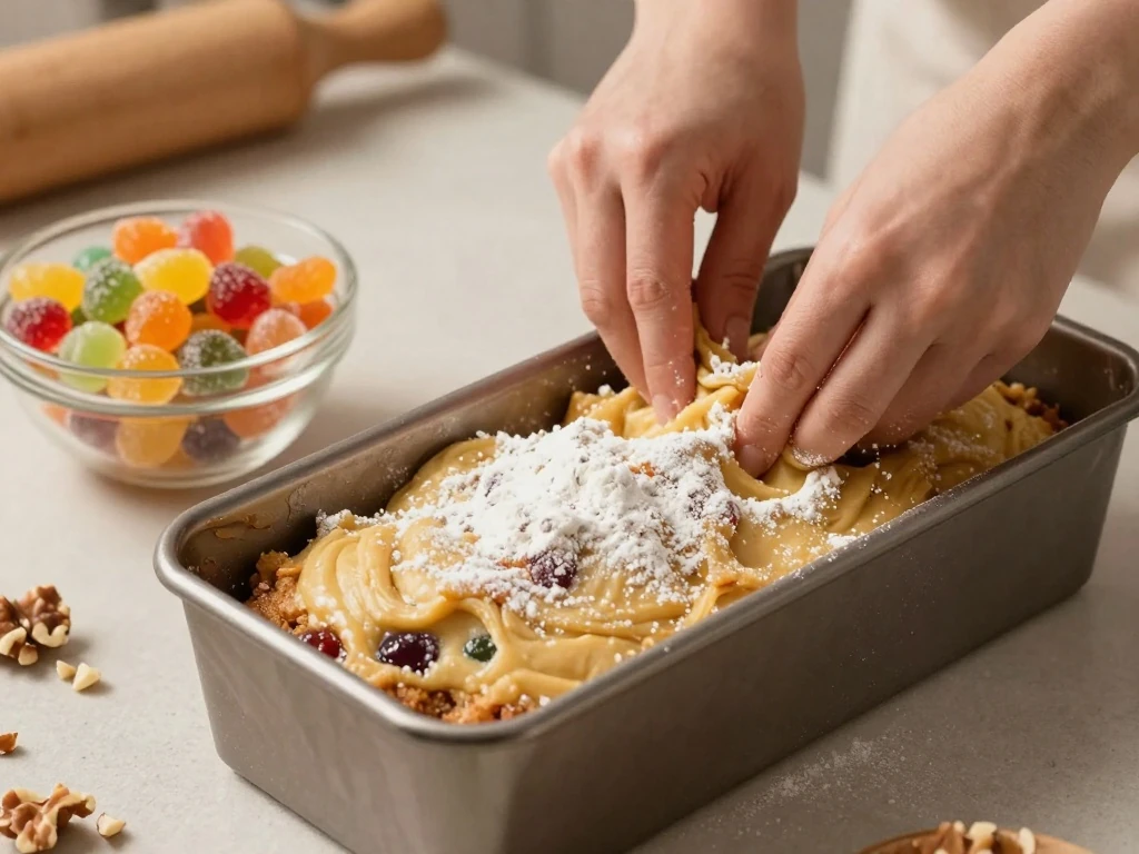 Fruit cake batter spread in a prepared tube pan before baking