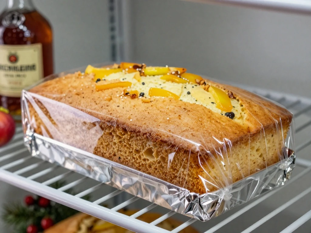 Wrapped old-fashioned fruit cake ready for cool storage
