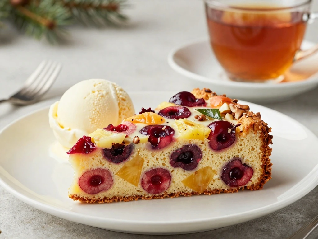 Slice of fruit cake served with vanilla ice cream and tea