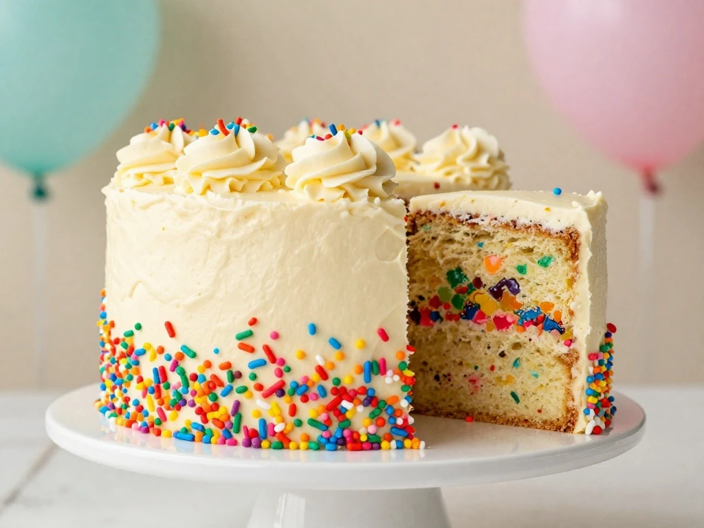 Two-layer homemade funfetti cake decorated with vanilla buttercream and rainbow sprinkles